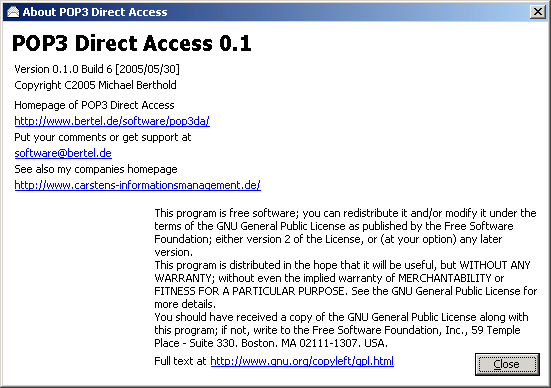 Screenshot of About dialog of POP3DA application that shows information of the application version, copyright and license